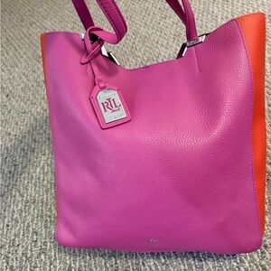 Like New Lauren Ralph Lauren Pink/Orange Leather Tote Bag